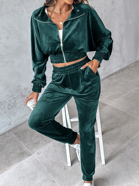 Zip Up Velour Cropped Top and Joggers Set