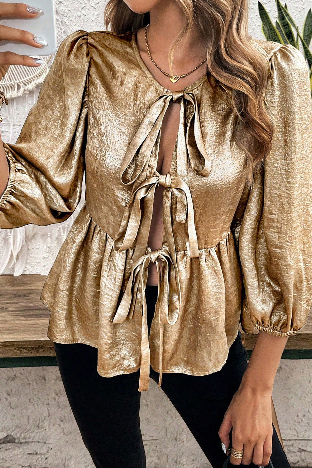 Gold Peplum Three-Quarter Sleeve Blouse