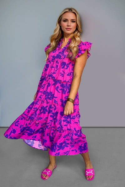 Floral Ruffled Notched Cap Sleeve Midi Dress