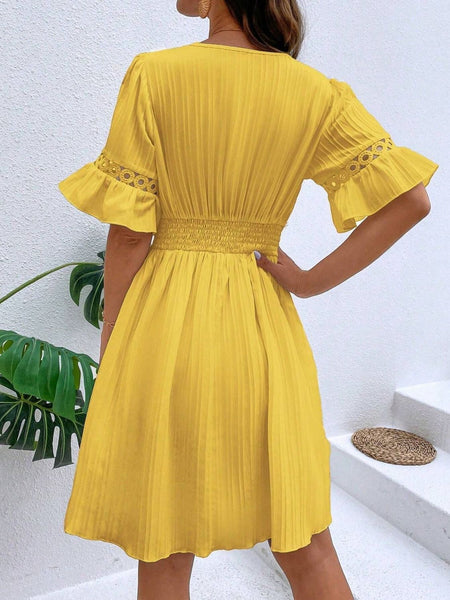 V-Neck Flounce Sleeve Dress