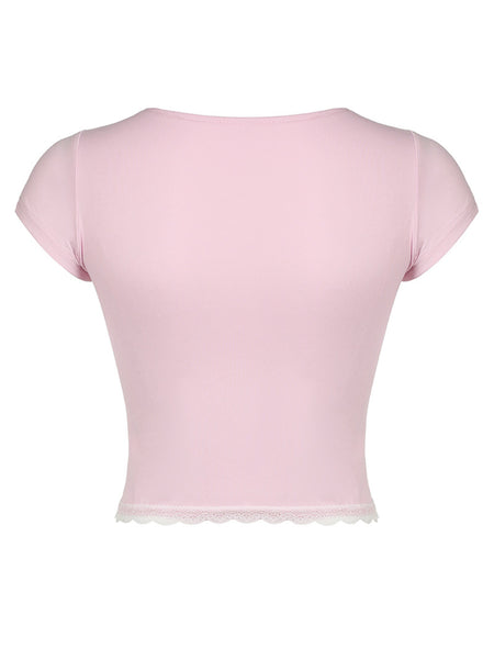 Lace Detail Sweetheart Neck Short Sleeve T-Shirt