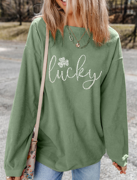 Lucky Rhinestone Round Neck Sweatshirt
