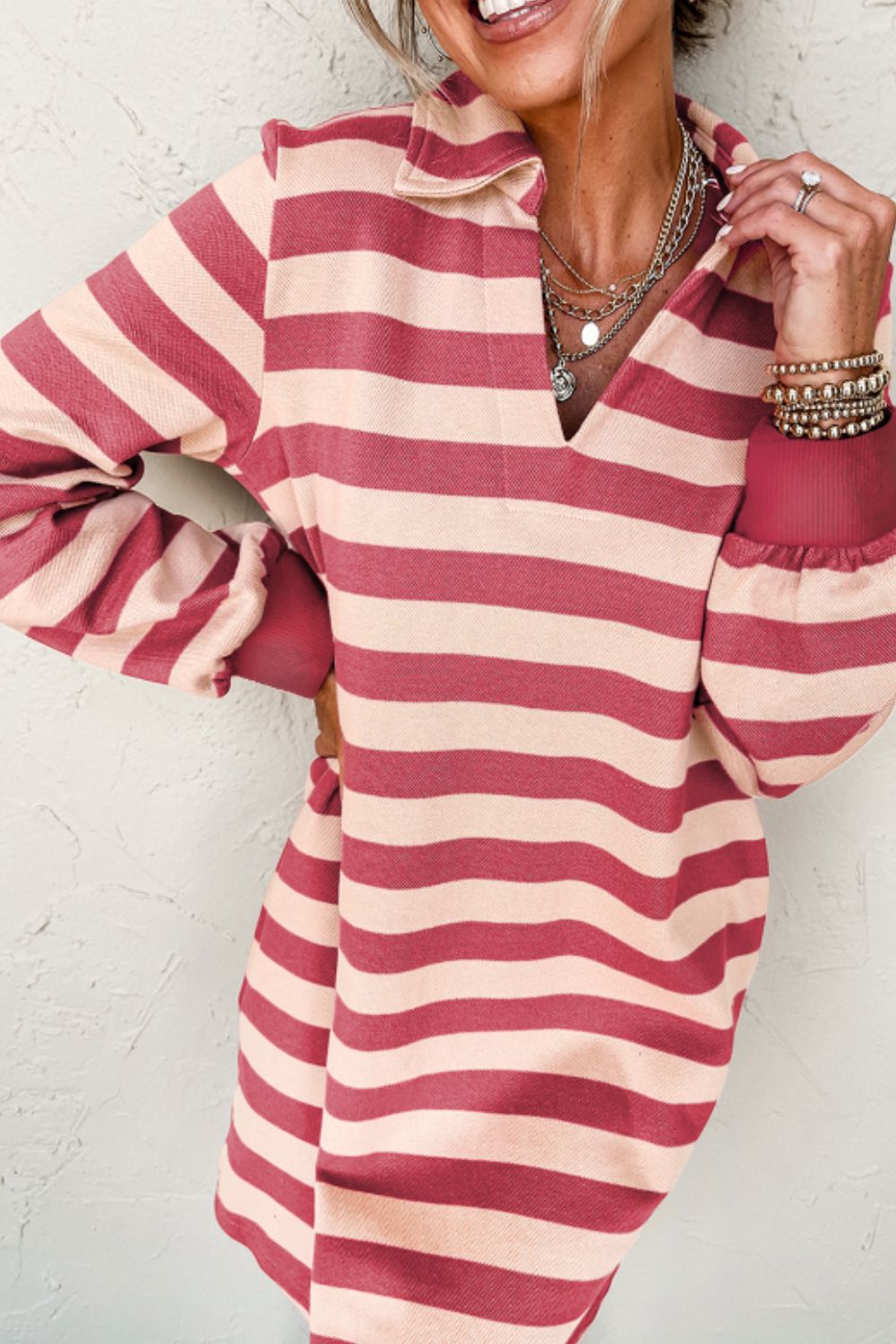 Striped Johnny Collar Long Sleeve Dress