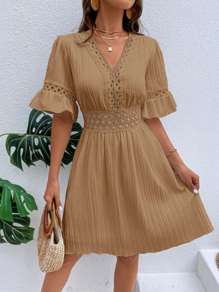 V-Neck Flounce Sleeve Dress