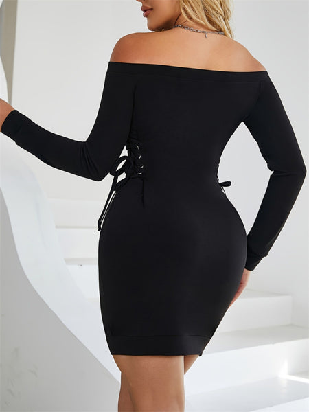 Black Lace-Up Long Sleeve Mini Dress