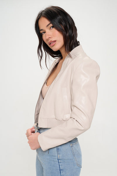 Cream Cropped Bomber Jacket