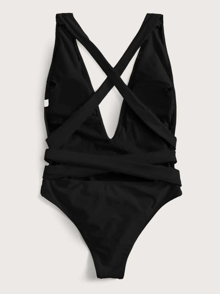 Deep V Tied One-Piece Swimsuit