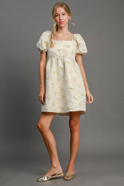 Cream Jacquard Square Neck Puff Sleeve Mini Dress