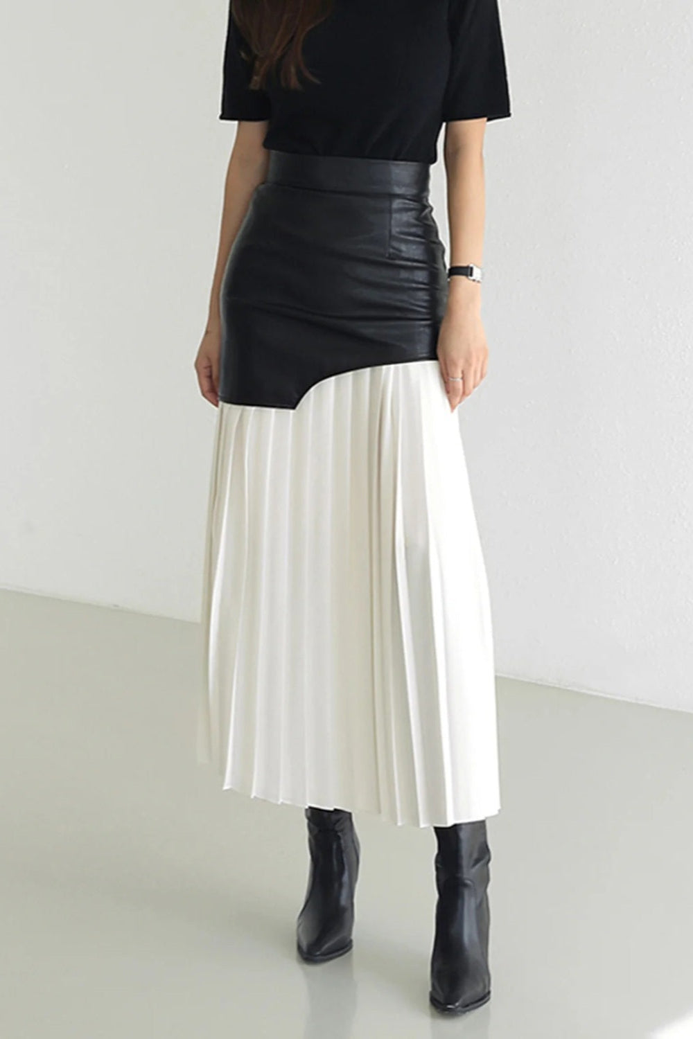 Pleated Vegan Leather High Rise Skirt