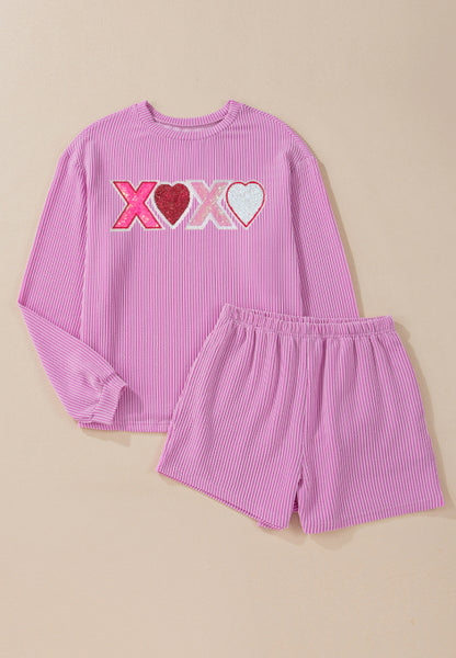 XOXO Heart Sequin Corded Long Sleeve Top and Shorts Set