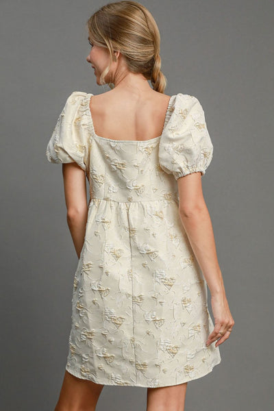 Cream Jacquard Square Neck Puff Sleeve Mini Dress