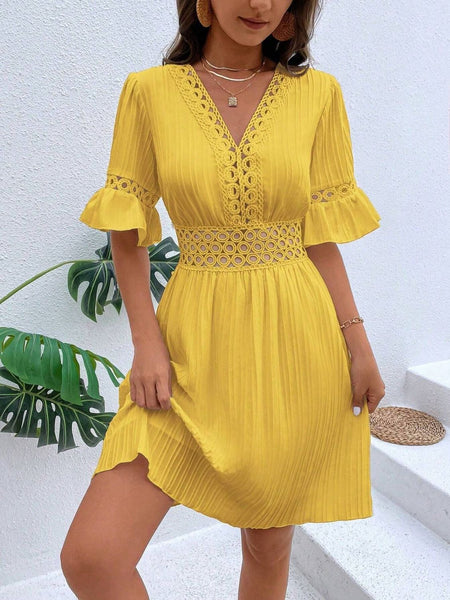 V-Neck Flounce Sleeve Dress