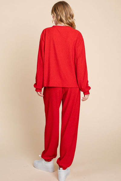 Red Crinkle Check Round Neck Top and Pants Lounge Set