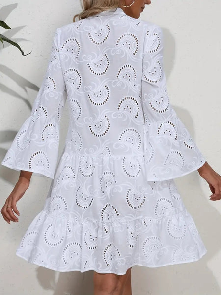 White Eyelet Notched Neck Long Sleeve Dress