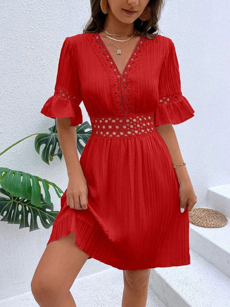 V-Neck Flounce Sleeve Dress