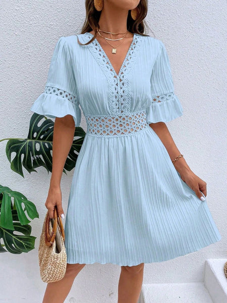 V-Neck Flounce Sleeve Dress