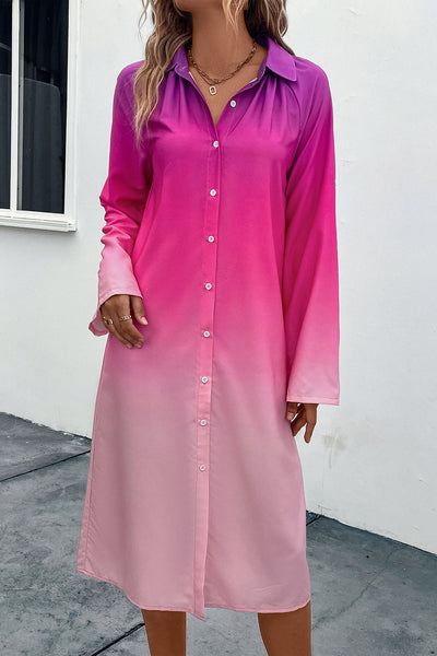 Pink Gradient Long Sleeve Shirt Dress
