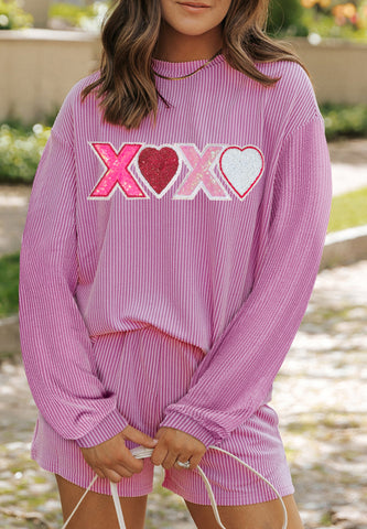 XOXO Heart Sequin Corded Long Sleeve Top and Shorts Set