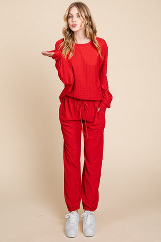 Red Crinkle Check Round Neck Top and Pants Lounge Set
