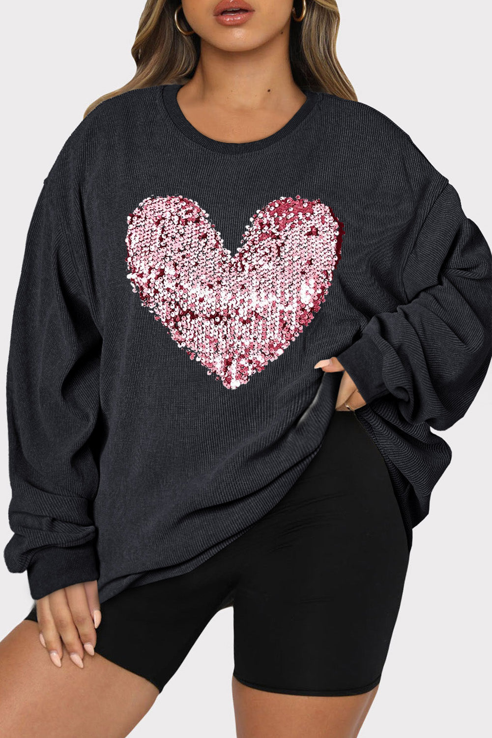 Sequin Heart Round Neck Sweatshirt+