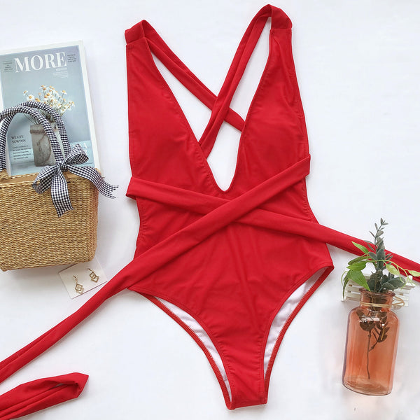 Deep V Tied One-Piece Swimsuit