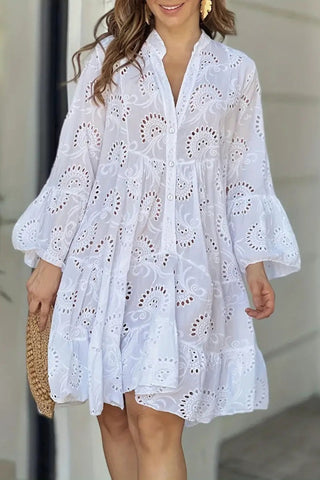 White Eyelet Notched Neck Long Sleeve Dress