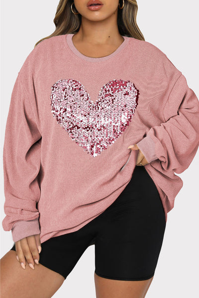 Sequin Heart Round Neck Sweatshirt+