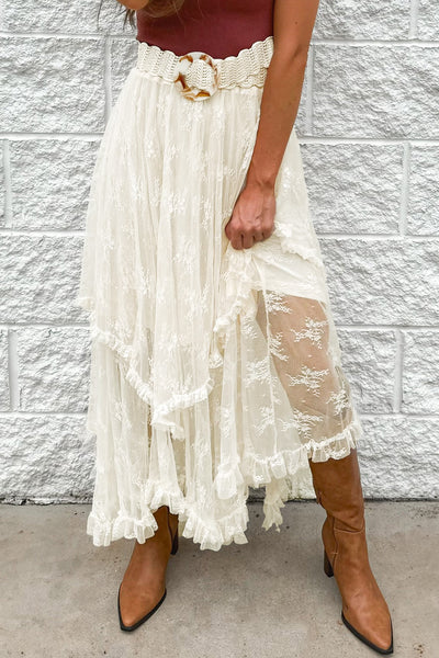 Ivory Lace Tiered Midi Skirt