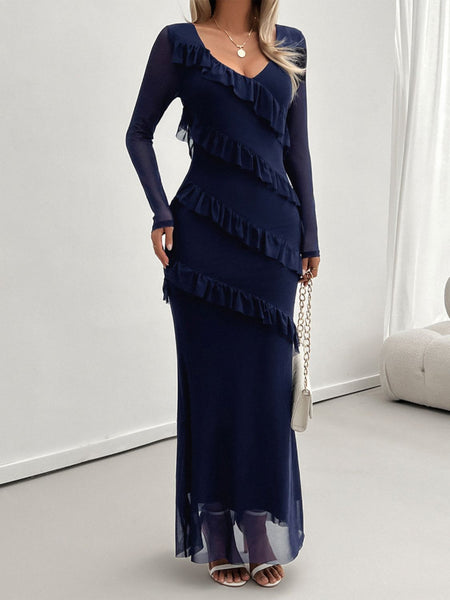 Ruffled Surplice Long Sleeve Maxi Dress