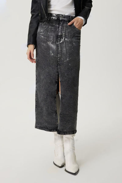 Black Slit Front Midi Denim Skirt