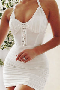 White Lace-Up Ruched Halter Neck Dress