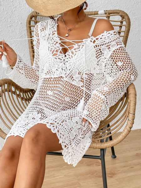 Tied V-Neck Long Sleeve Cover Up