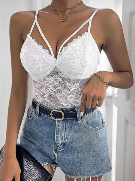 White Spaghetti Strap Lace Bodysuit