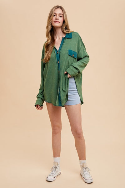 Green Waffle-Knit Mineral Washed Button Down Shirt