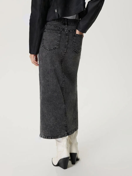 Black Slit Front Midi Denim Skirt