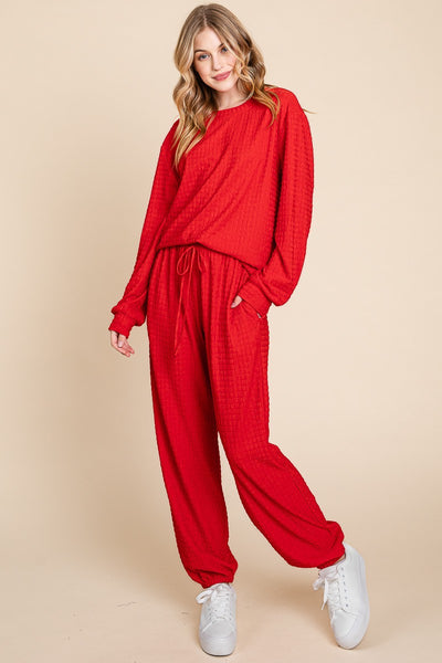 Red Crinkle Check Round Neck Top and Pants Lounge Set