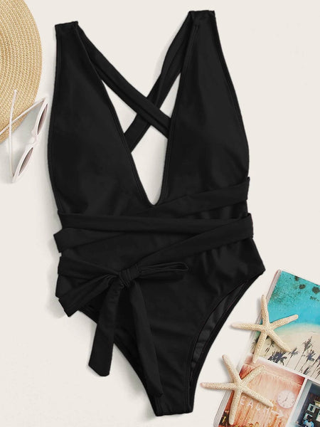 Deep V Tied One-Piece Swimsuit