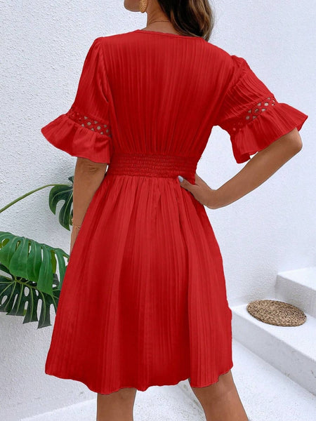V-Neck Flounce Sleeve Dress