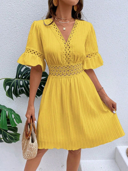 V-Neck Flounce Sleeve Dress