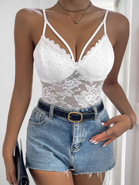 White Spaghetti Strap Lace Bodysuit