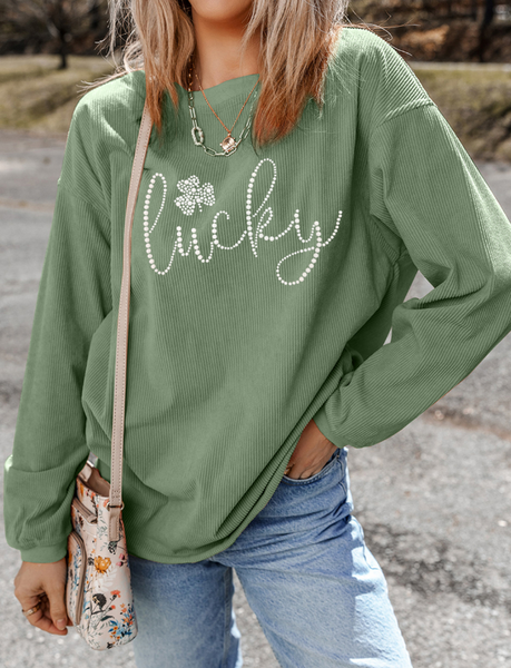 Lucky Rhinestone Round Neck Sweatshirt