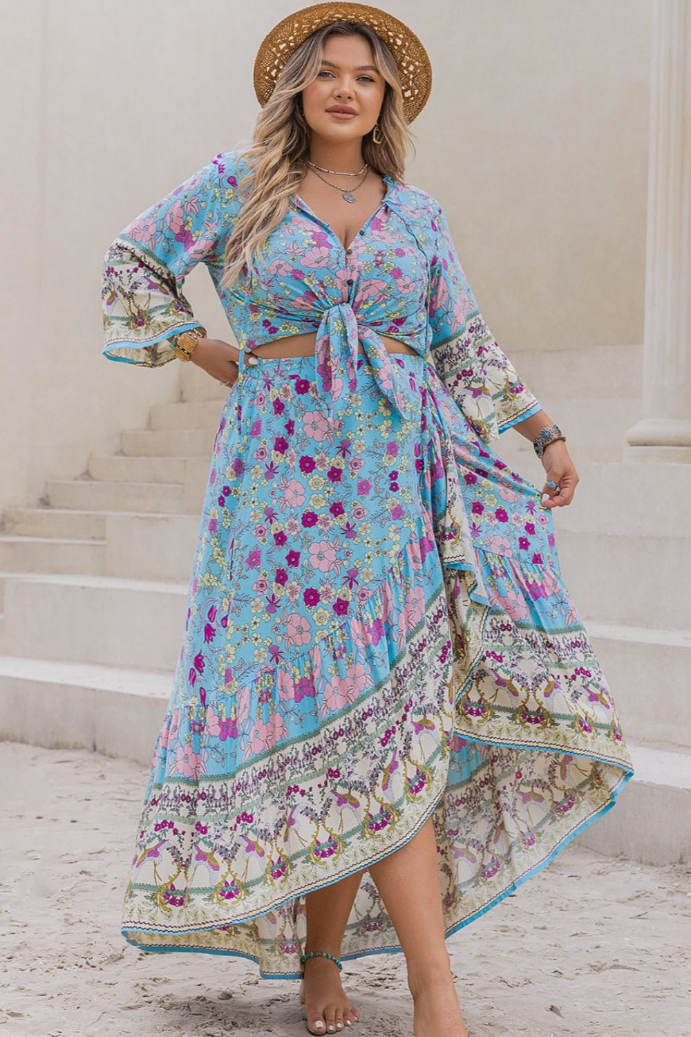 Light Blue Floral Tied Top and Skirt Set