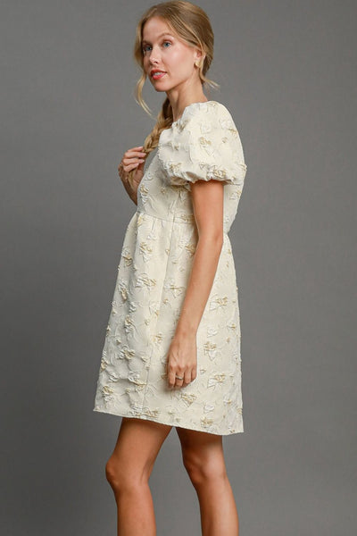 Cream Jacquard Square Neck Puff Sleeve Mini Dress