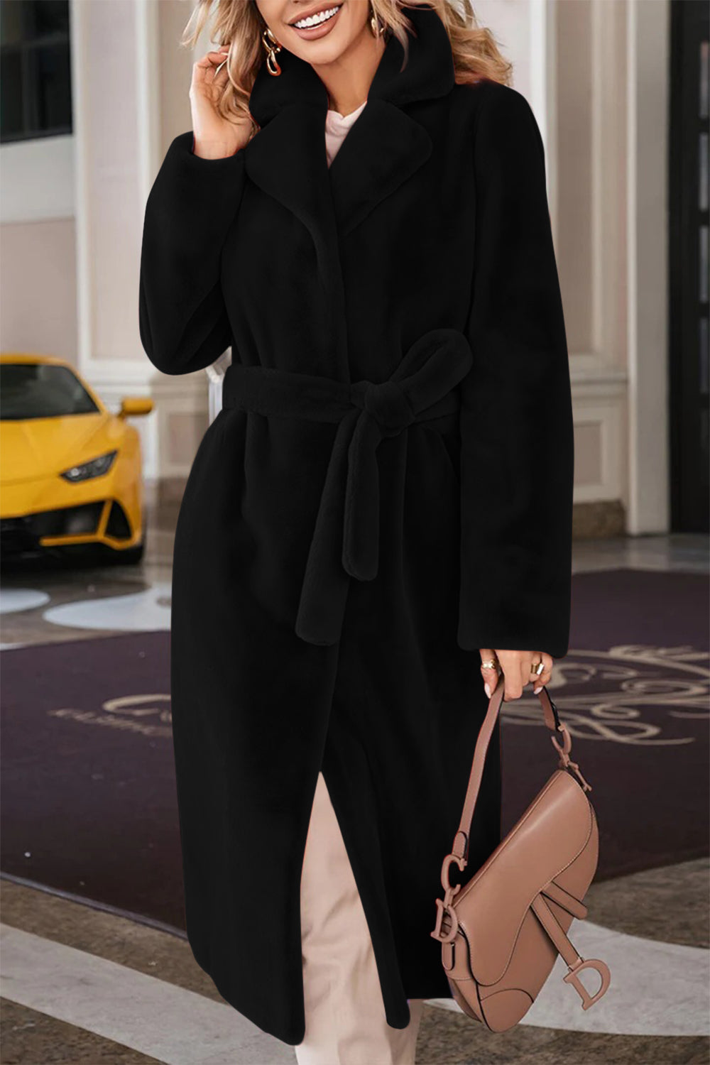 Faux Fur Tie Waist Mid-Length Coat