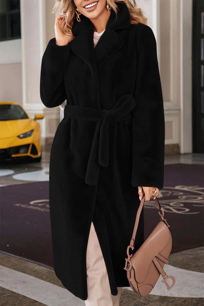 Faux Fur Tie Waist Mid-Length Coat