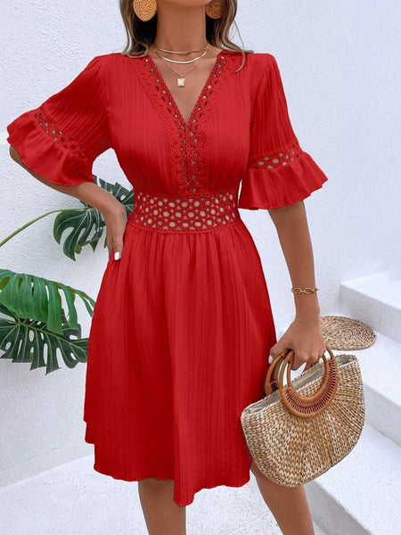 V-Neck Flounce Sleeve Dress