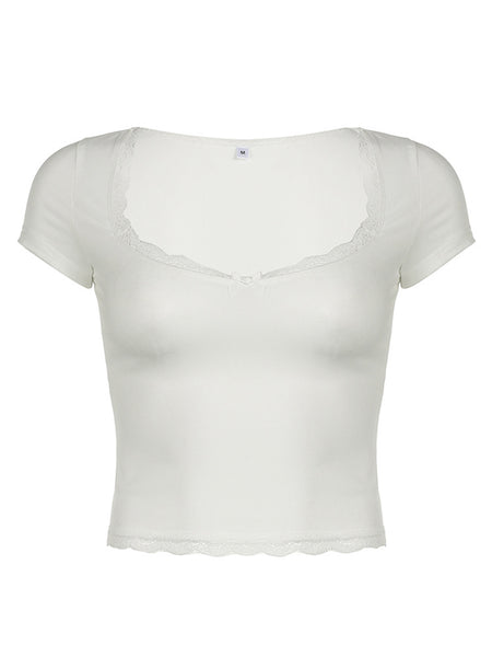 Lace Detail Sweetheart Neck Short Sleeve T-Shirt