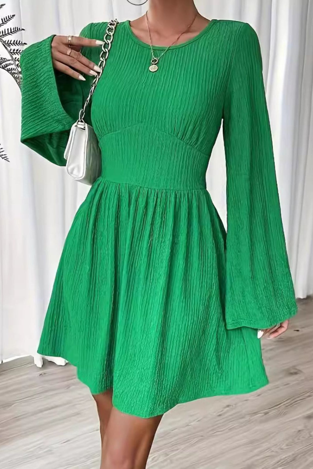 Green Flare Sleeve Mini Dress