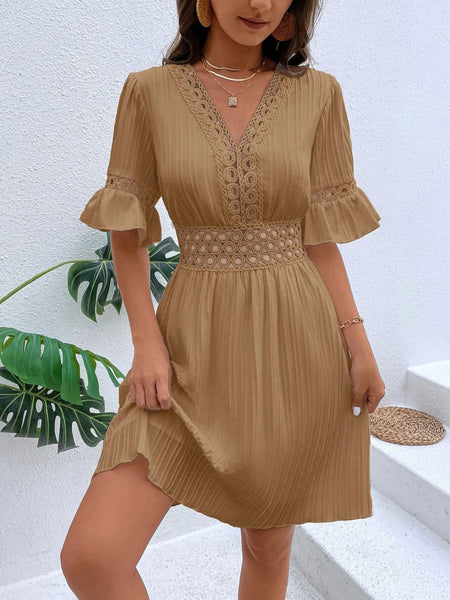 V-Neck Flounce Sleeve Dress