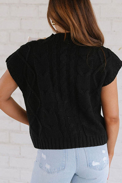 Black Lace-Up Mock Neck Short Sleeve Sweater